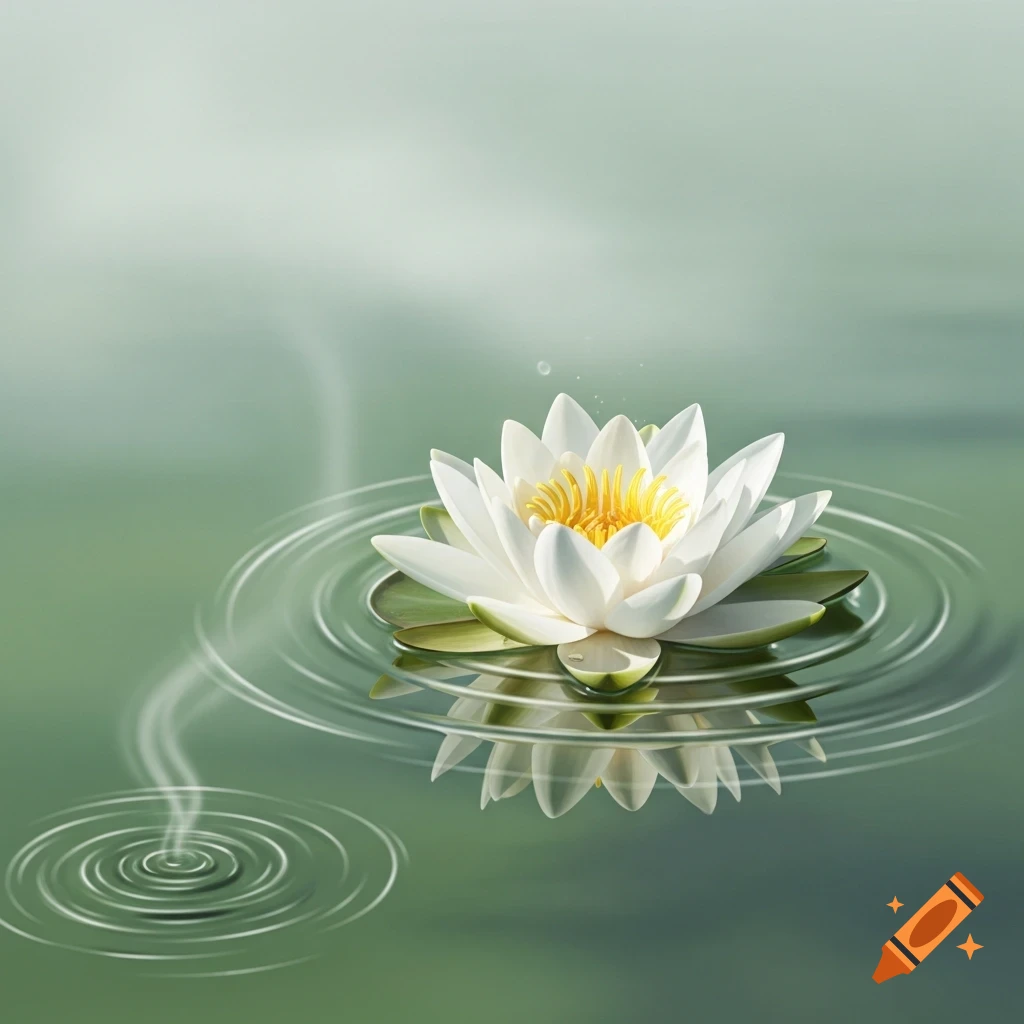 A white lotus flower with a bright yellow center floats on serene green water, surrounded by concentric ripples.