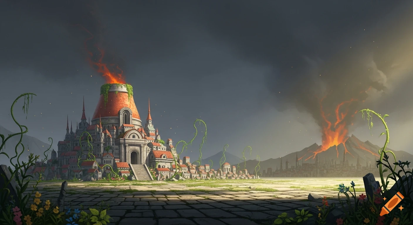 A fantasy anime-style city with a large kiln-shaped castle in the foreground and a volcano erupting in the background. Flowers grow in the ash.