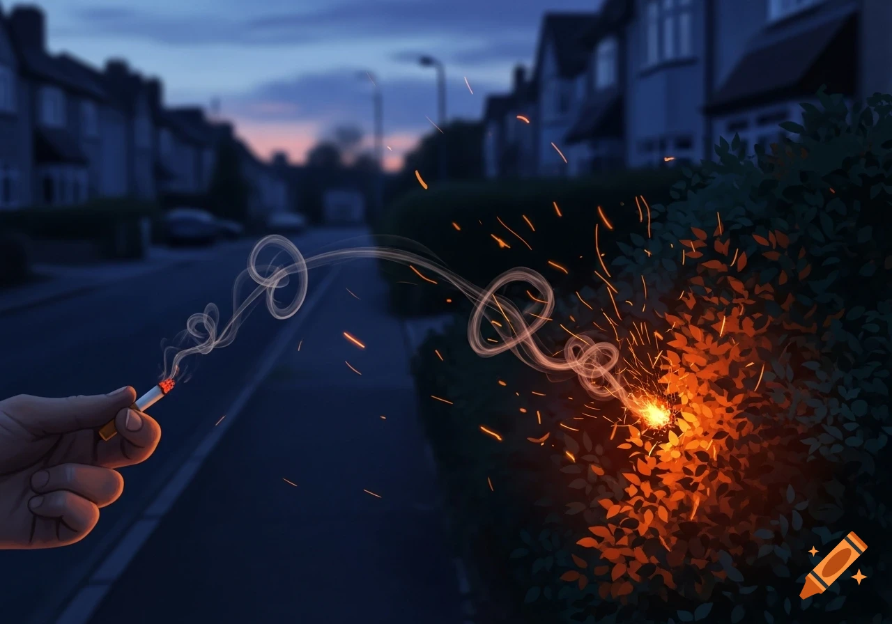 A hand holding a lit cigarette with smoke swirls, aimed at a sparking, glowing bush on a dark street at dusk.