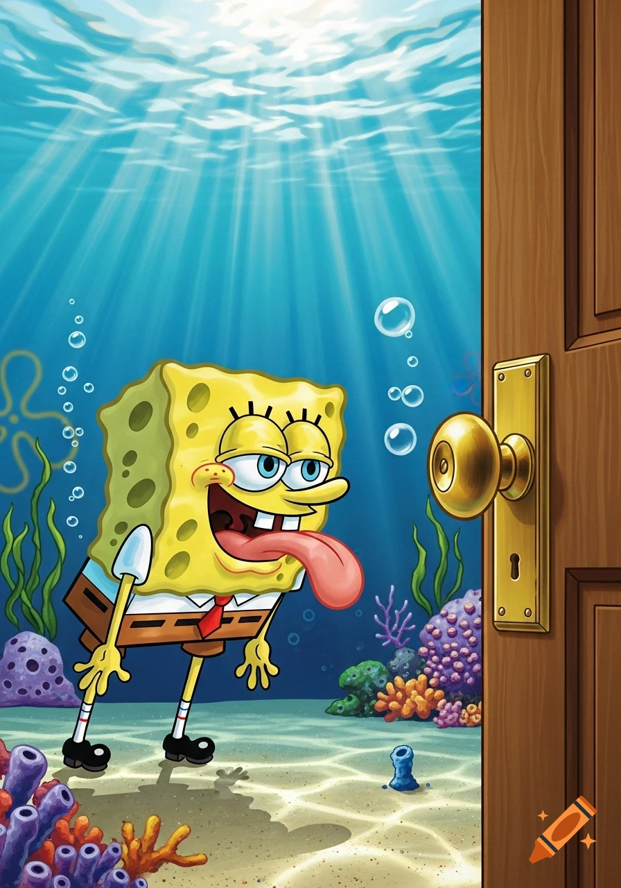 Cartoon Spongebob Squarepants with his tongue out, licking a doorknob next to an open wooden door in an underwater scene.