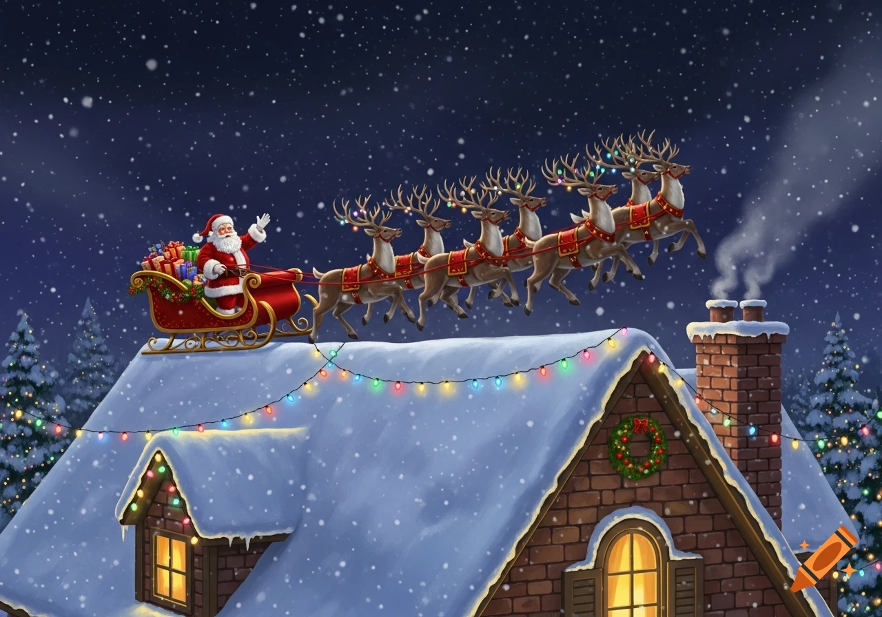 Santa Claus in his sleigh pulled by a team of reindeer flies over a snow-covered house decorated with Christmas lights at night.