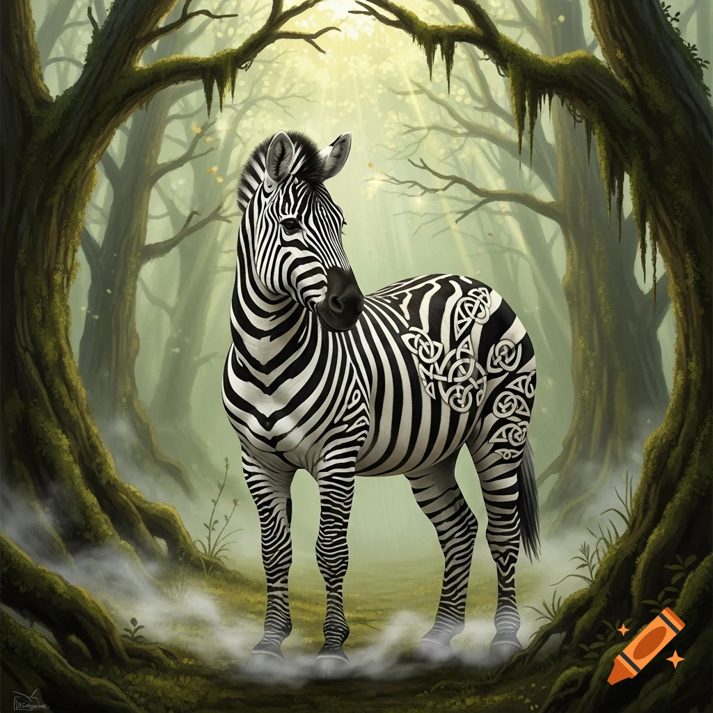 A black and white zebra with intricate Celtic knot patterns on its hindquarters stands in a mystical forest with sun rays shining through gnarled, mossy trees and mist around its feet, in an artistic fantasy style.