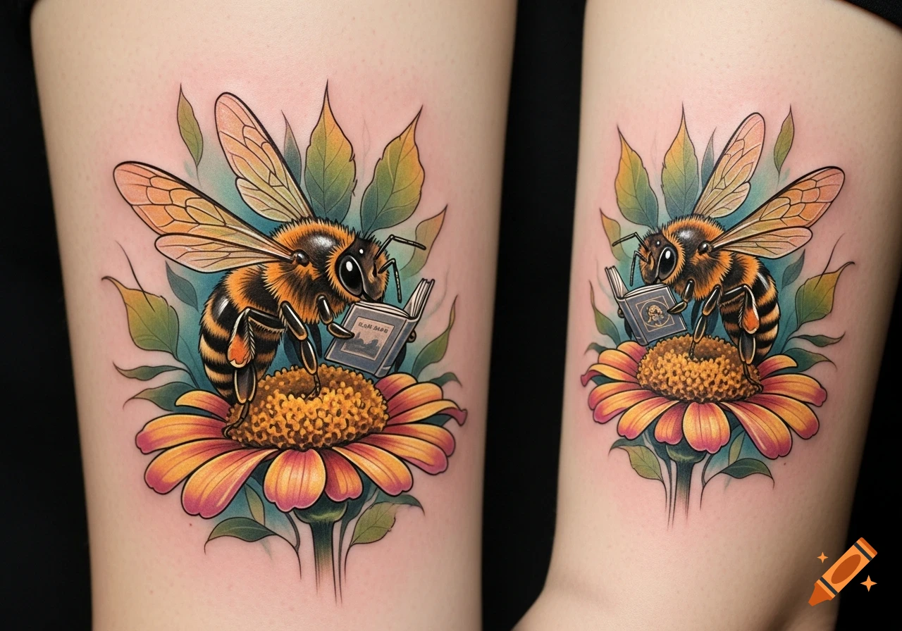 A colorful tattoo of a bee reading a book while standing on a yellow and orange flower, on skin.