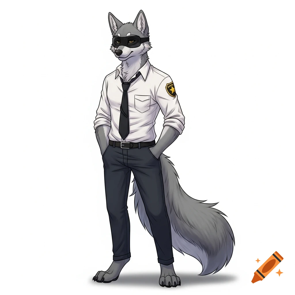A confident anthropomorphic wolf-fox hybrid in a white shirt, loose black tie, dark pants, and a black eye mask, standing hands in pockets in professional digital art style.