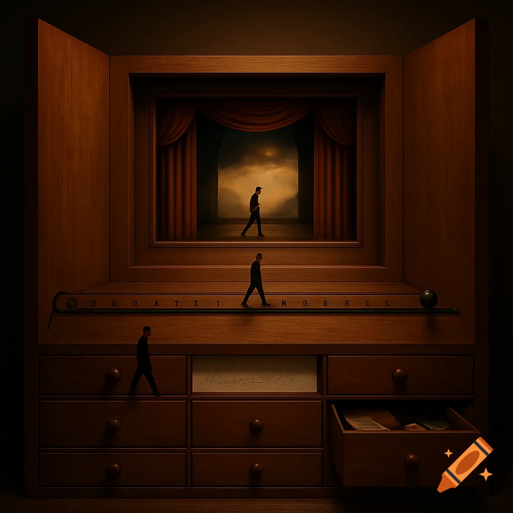 A wooden art installation resembling a miniature theatre with moving silhouette figures, drawers, and a timeline, in a realistic, cinematic style.