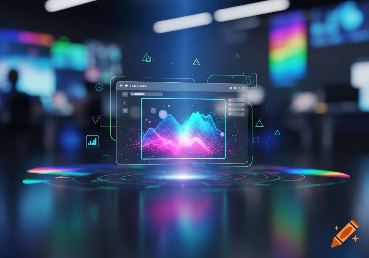 Holographic UI displays a vibrant pink and blue waveform with abstract shapes and neon reflections in a futuristic dark setting.