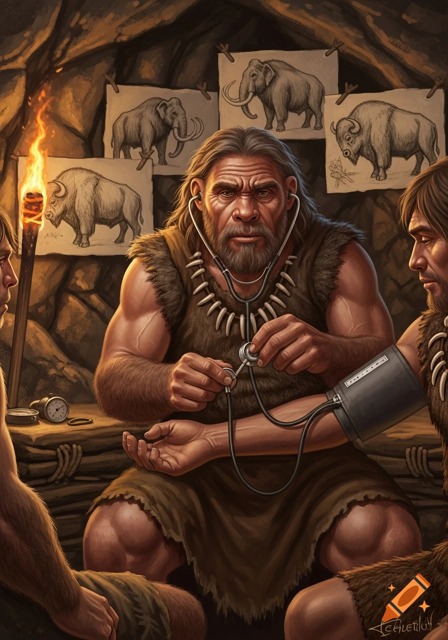 An illustration of a Neanderthal in a cave using a stethoscope and blood pressure cuff on another, with drawings of mammoths and bison on the wall.
