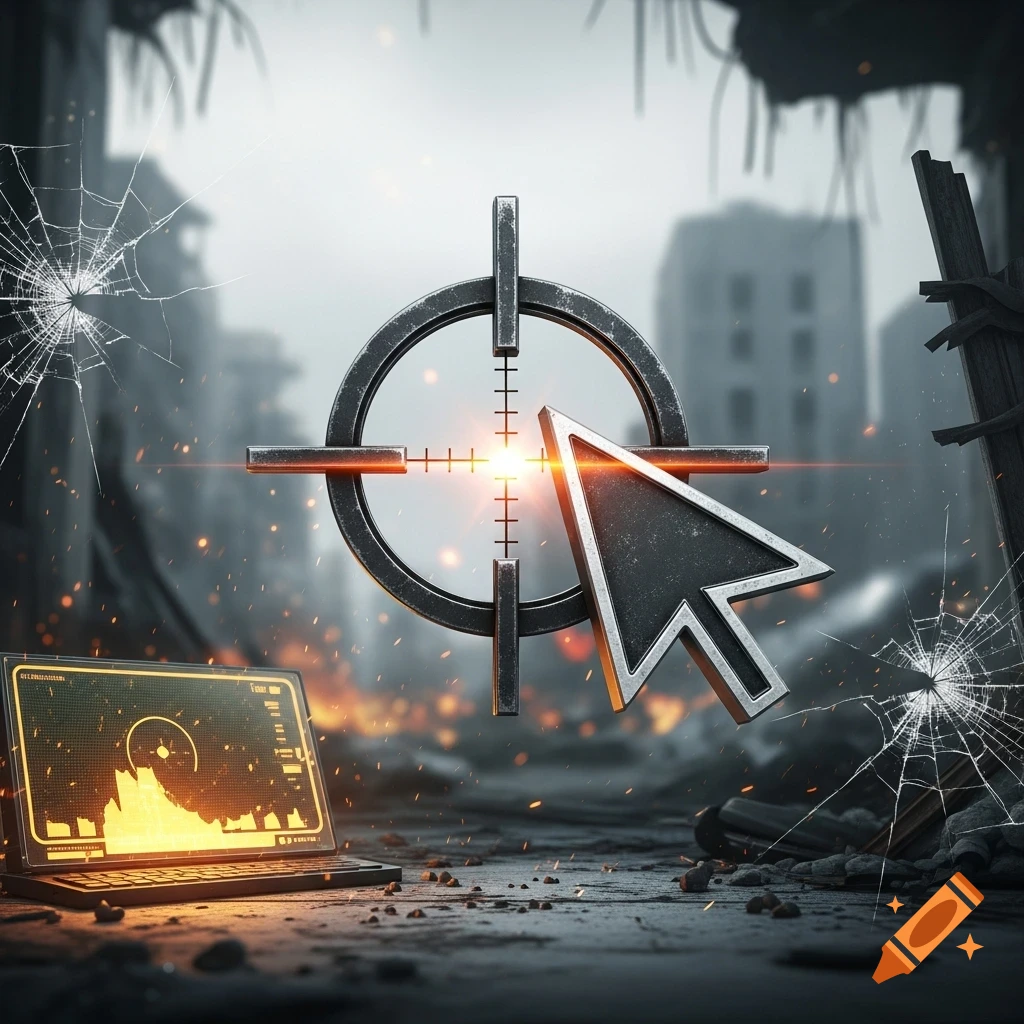 A stylized image with a large metallic target reticle and a glowing computer mouse cursor in a destroyed, apocalyptic cityscape, with a laptop displaying a glowing graph in the foreground.
