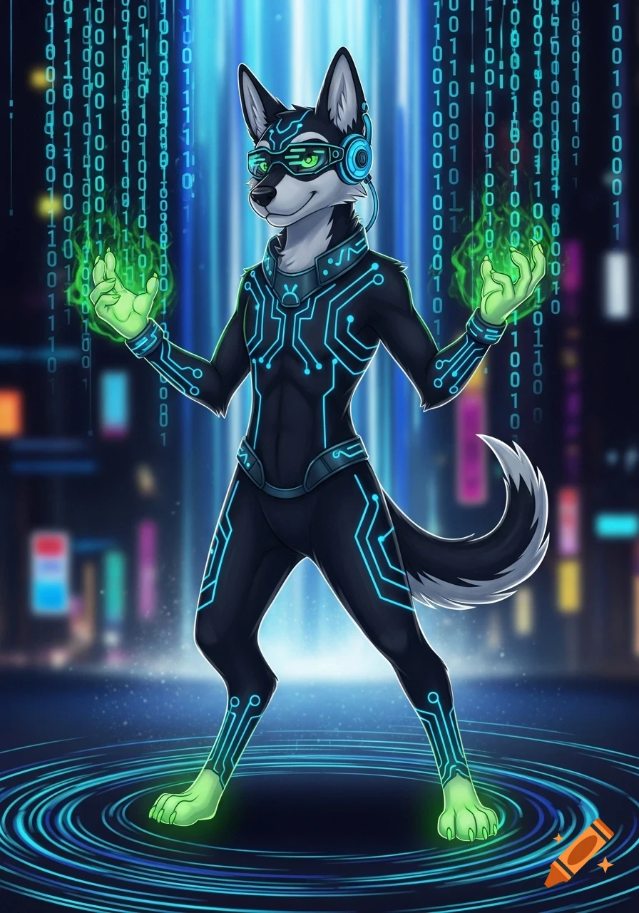 Cartoon anime anthro dog in a black circuit suit, green goggles, and headphones, with glowing hands, surrounded by binary code and data circles.