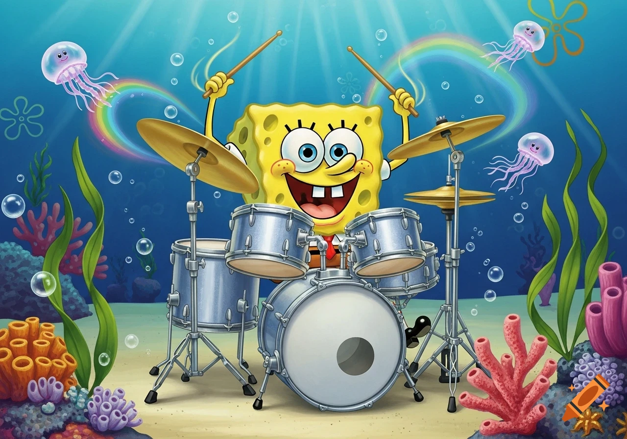 Cartoon Spongebob Squarepants enthusiastically plays a drum kit underwater, surrounded by colorful coral and jellyfish.