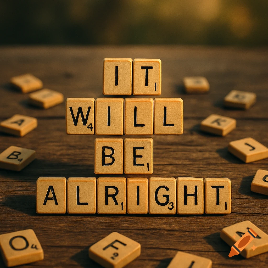 Scrabble tiles on a wooden table spell out the phrase "It will be alright", with other letter tiles scattered nearby.