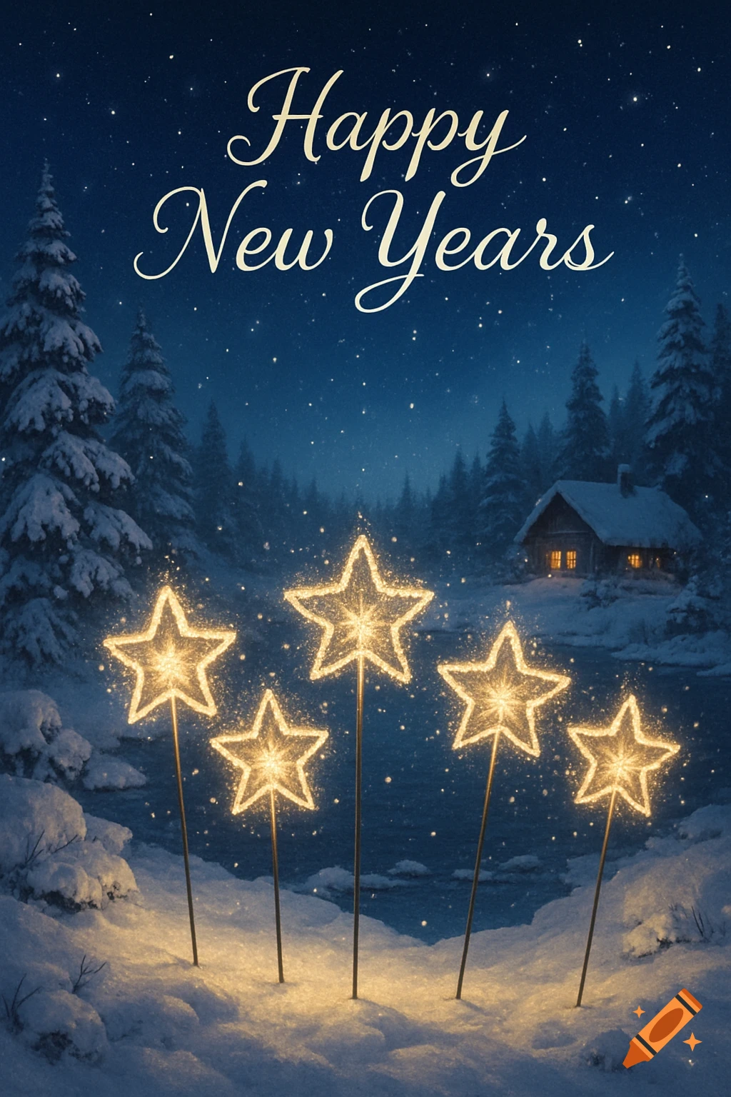 A snowy winter forest at night with a distant cabin, five glowing star lights, and "Happy New Years" text.