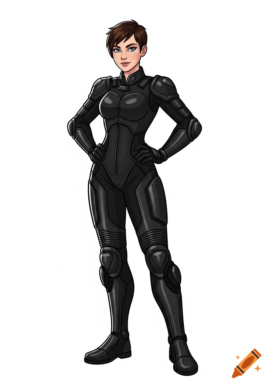 A cartoon-style full-body illustration of a female motorcycle rider in a sleek black armored suit, hands on hips, on a white background.
