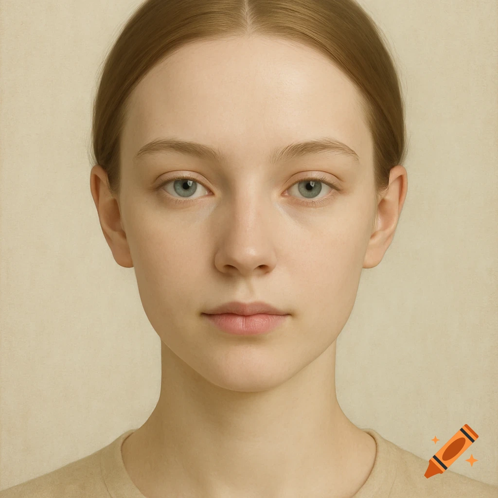 A close-up photorealistic portrait of a young woman with light skin, blue eyes, and light brown hair looking directly at the viewer.