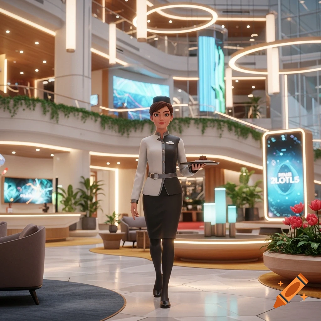A 3D animated woman in a black and white hotel uniform carries a tray through a modern, brightly lit hotel lobby.