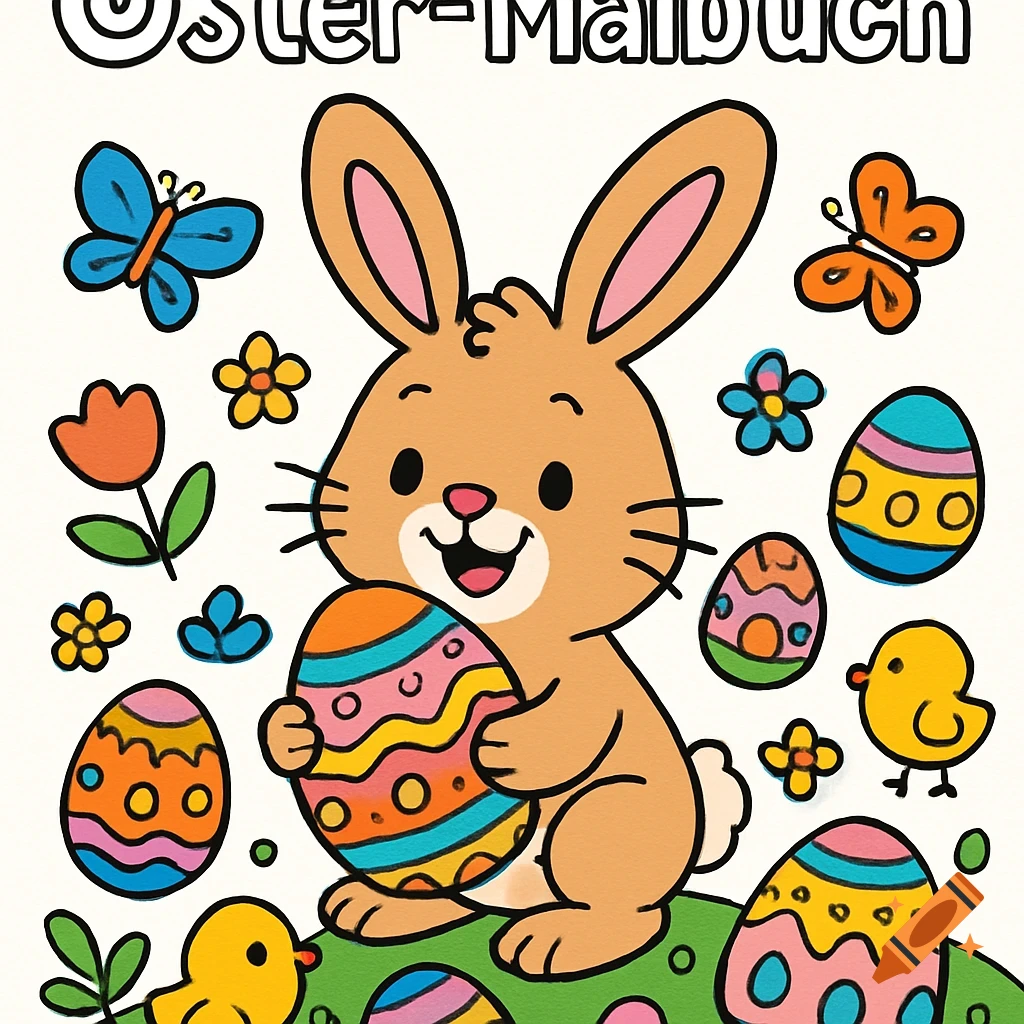 Cartoon Easter bunny holding an egg, surrounded by colorful eggs, chicks, butterflies, and flowers, with 'Oster-Malbuch' text.