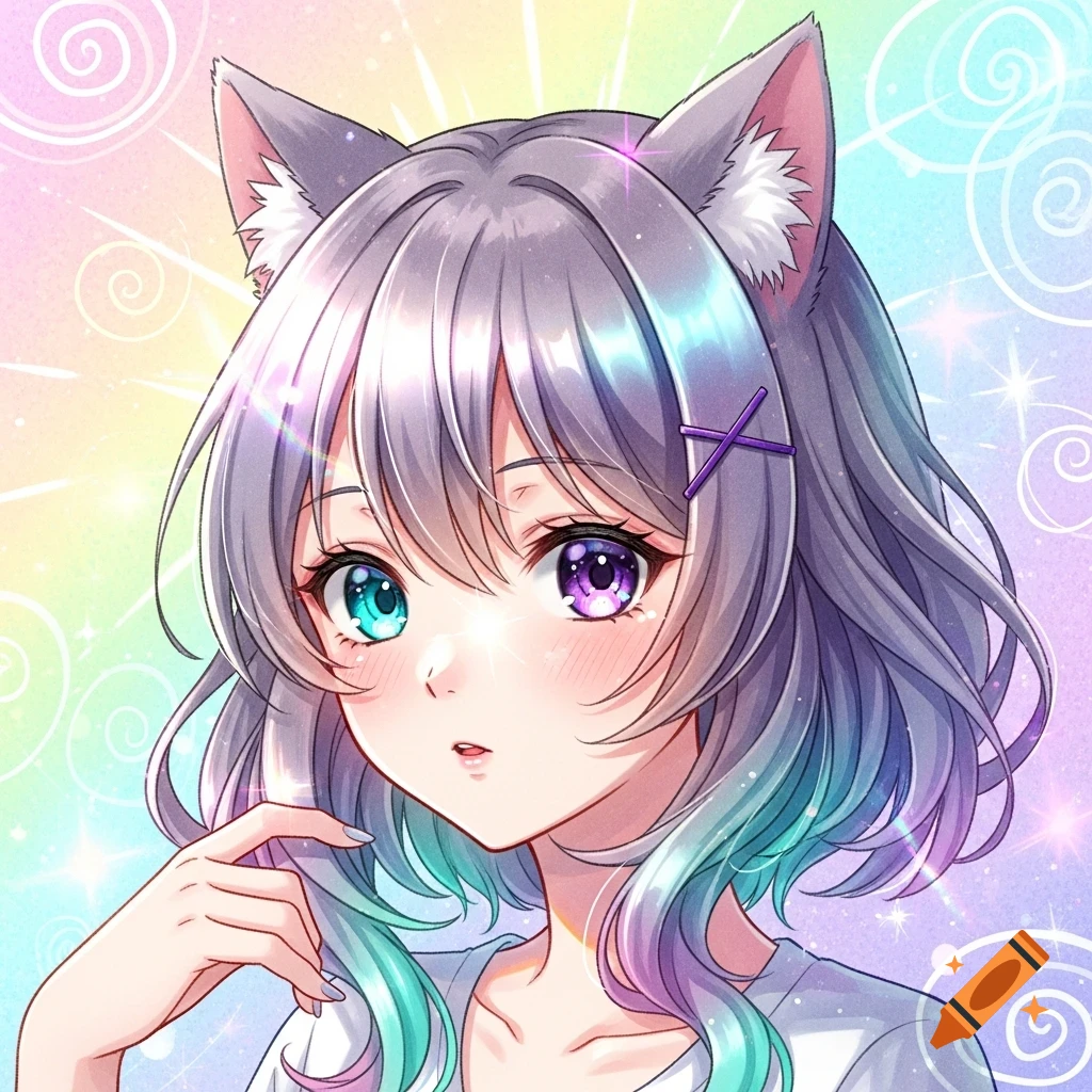 Anime catgirl with heterochromatic eyes and pastel multi-colored hair in a sparkling rainbow background.