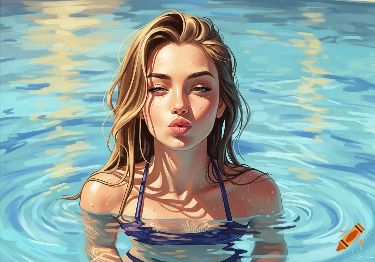 Digital painting of a blonde woman in a blue bikini top in a swimming pool, making a kissy face with water drops on her skin.