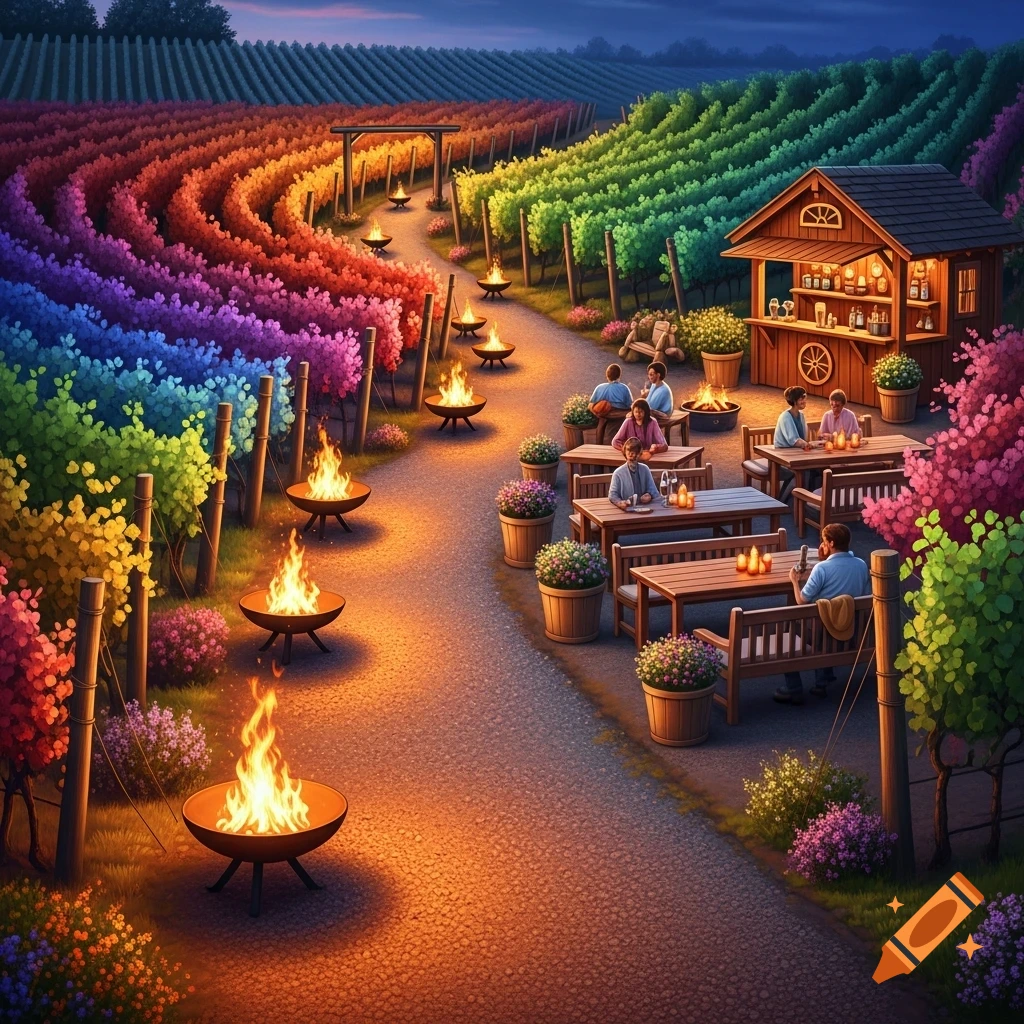 Vibrant, colorful vineyard at dusk with a path lit by fire pits, leading to an outdoor dining area with a wooden bar and people.