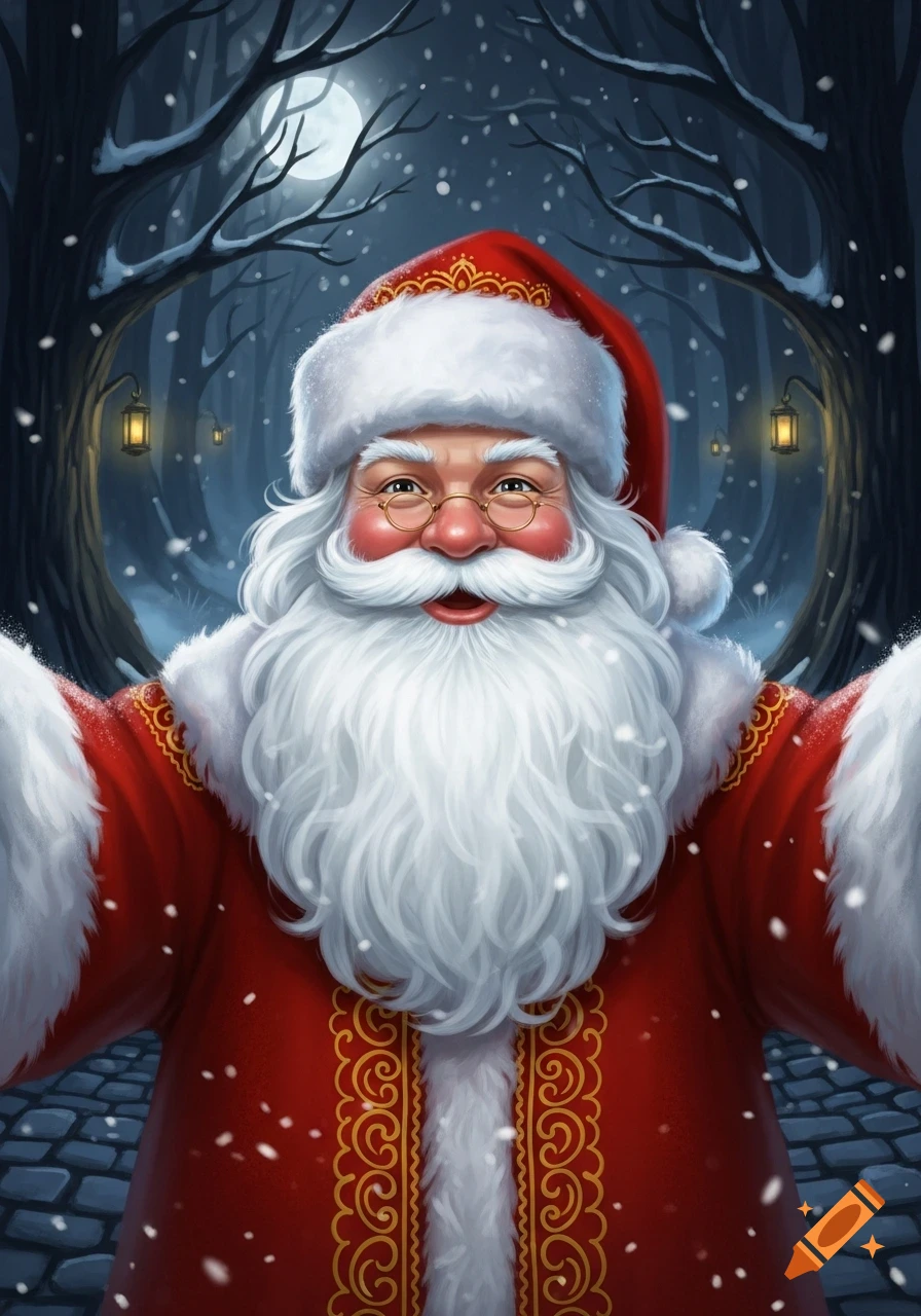 A cheerful Santa Claus takes a selfie in a snowy, dark fairy tale forest with lanterns and a full moon.