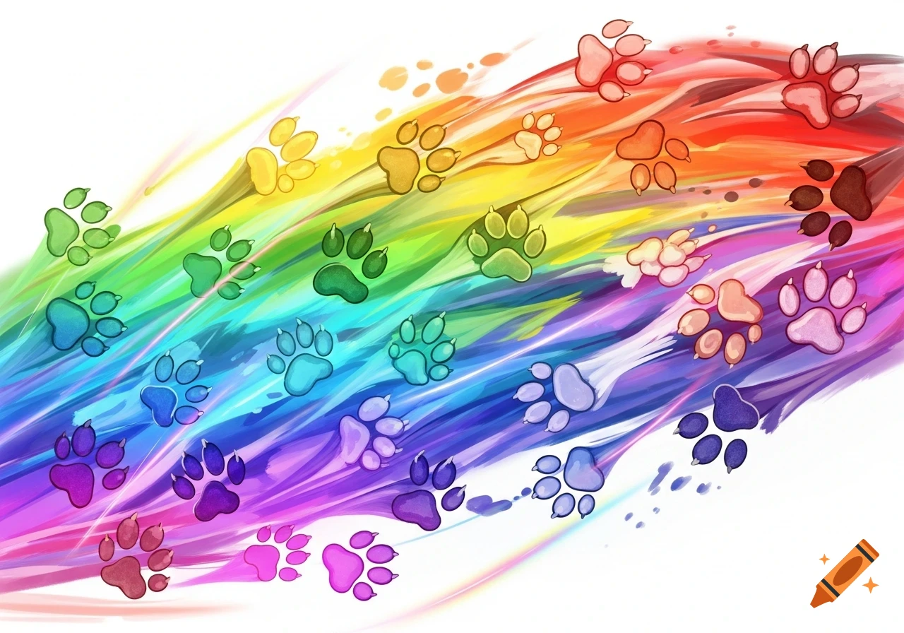 Colorful paw prints floating across a vibrant rainbow background, rendered in an illustrative style.