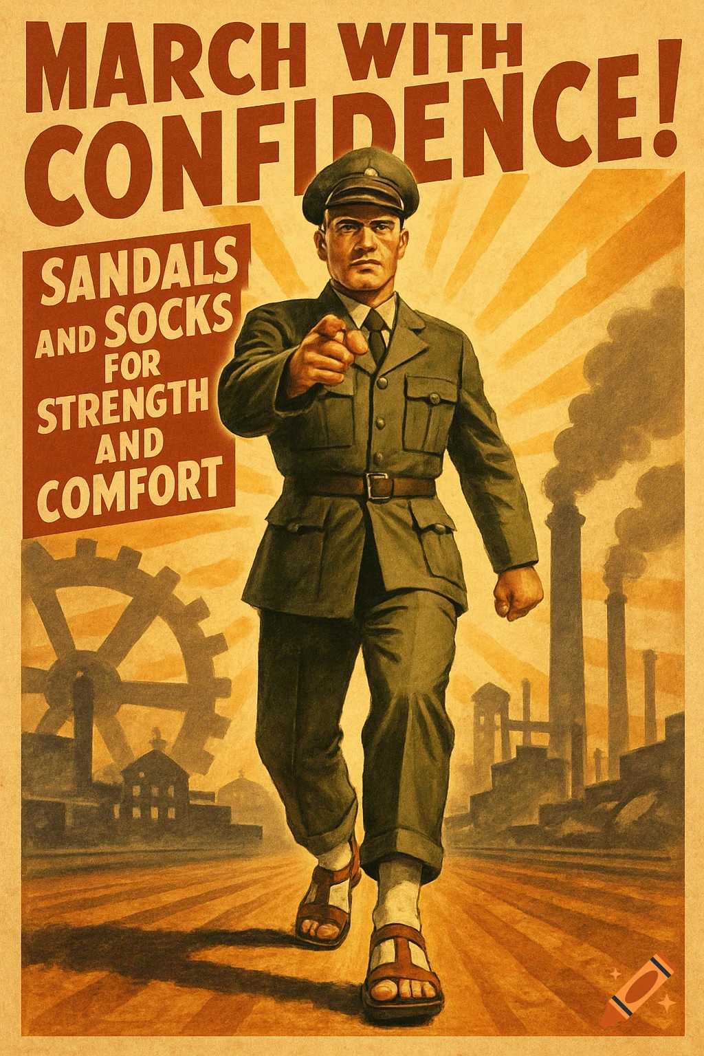 A vintage propaganda poster of a stern man in a military uniform, wearing sandals with socks and pointing forward. Text promotes confidence and comfort.
