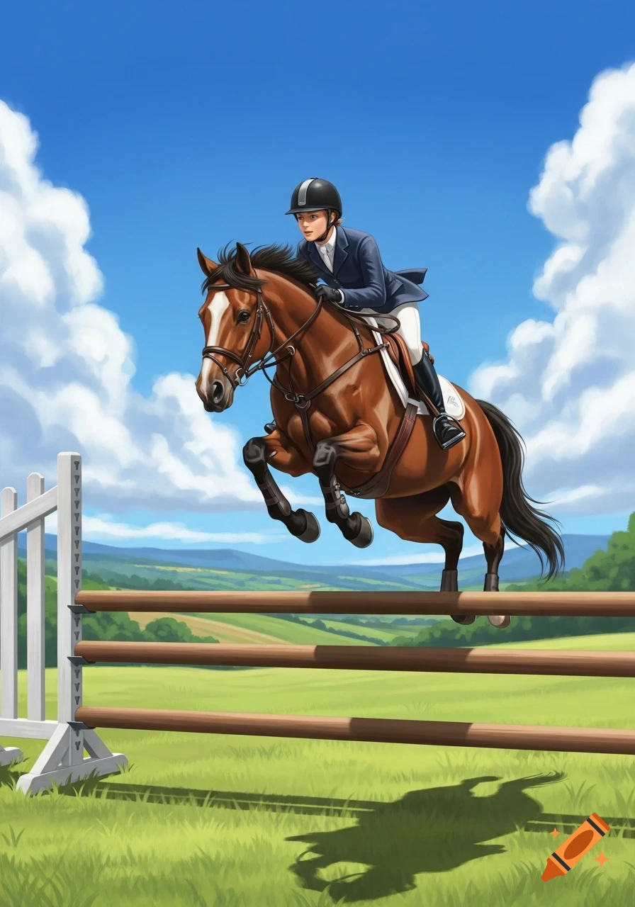 A rider on a brown horse jumps over a wooden obstacle in a green field under a blue sky, in an illustrative style.