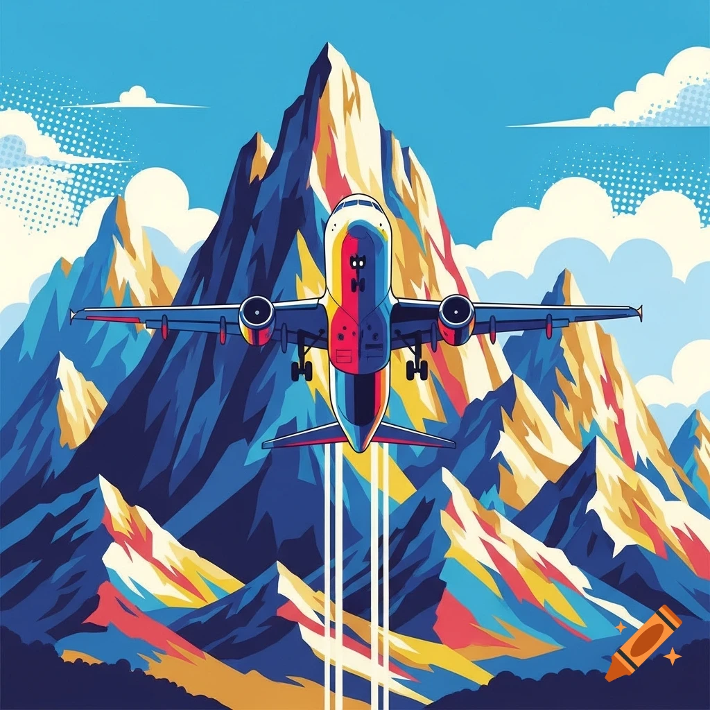 A vibrant Pop Art illustration of a multi-colored airplane taking off against a backdrop of colorful, stylized mountains under a blue sky.