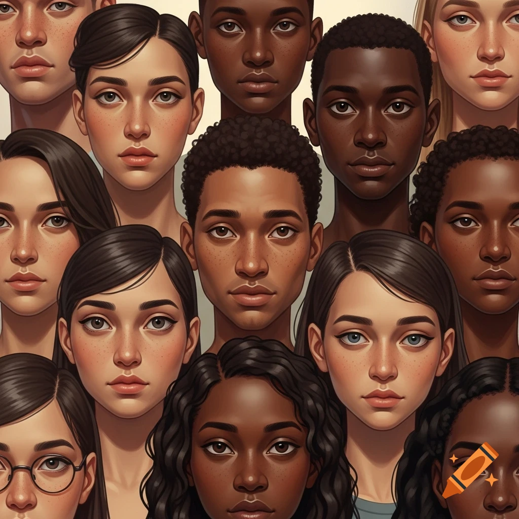 Close-up of multiple diverse faces, some partially cropped, with stylized features and clear skin.