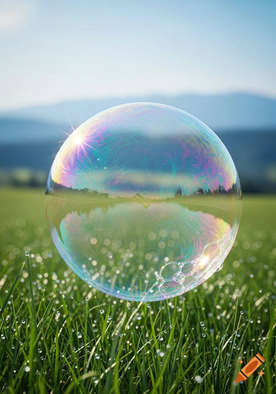 A large, iridescent soap bubble reflects a landscape as it floats above dewy green grass under a bright sky.