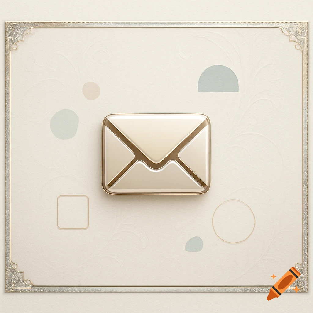 A shiny, metallic gold email envelope icon centered on a light beige textured background with decorative borders and subtle abstract shapes.