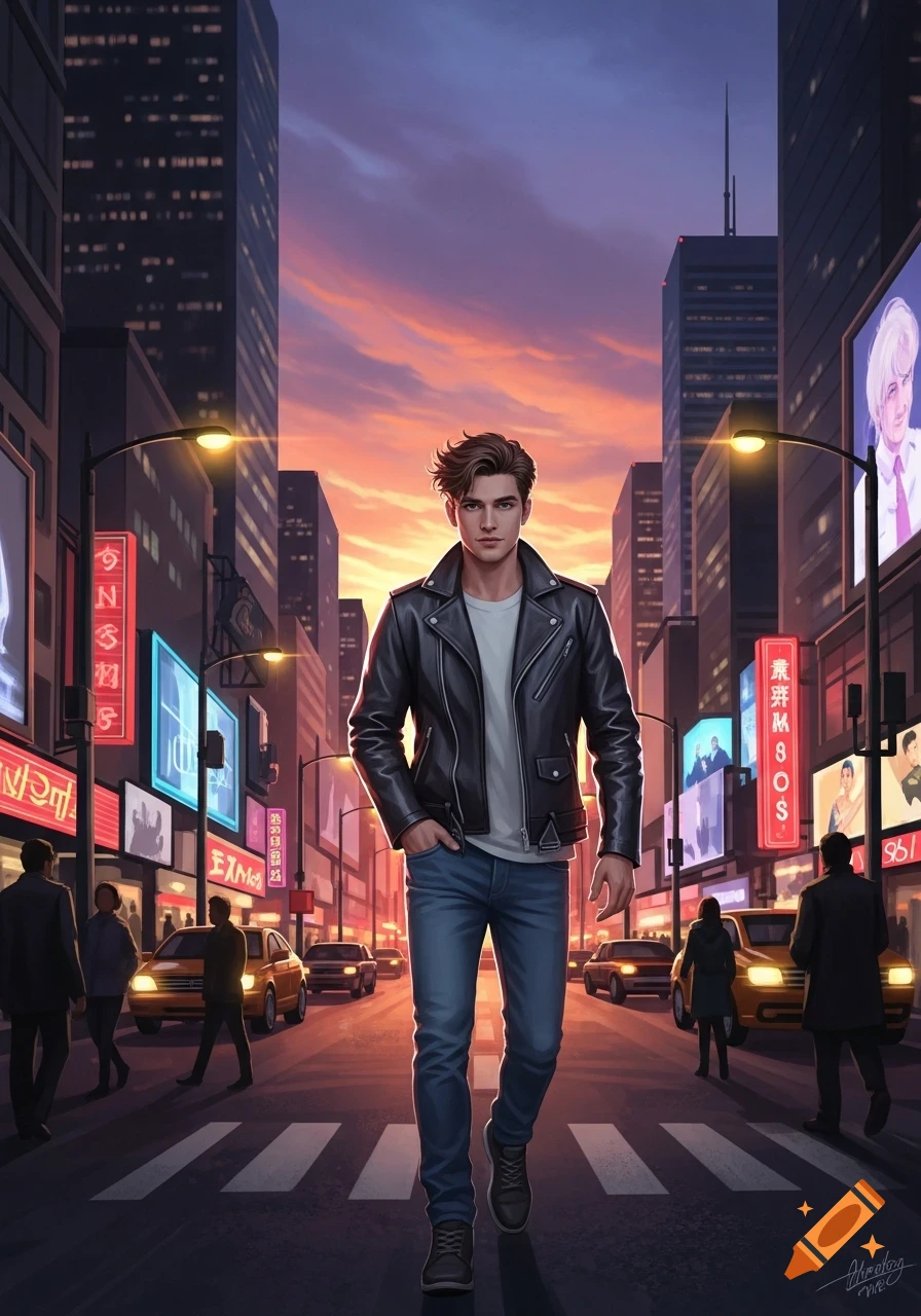 A young man in a leather jacket and jeans walks down a neon-lit city street at sunset, in a digital art style.
