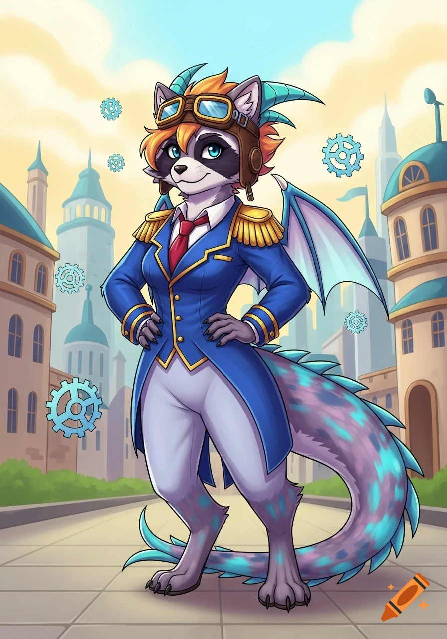 A cartoon anthropomorphic raccoon-dragon in a blue steampunk uniform with goggles stands in a stylized city.