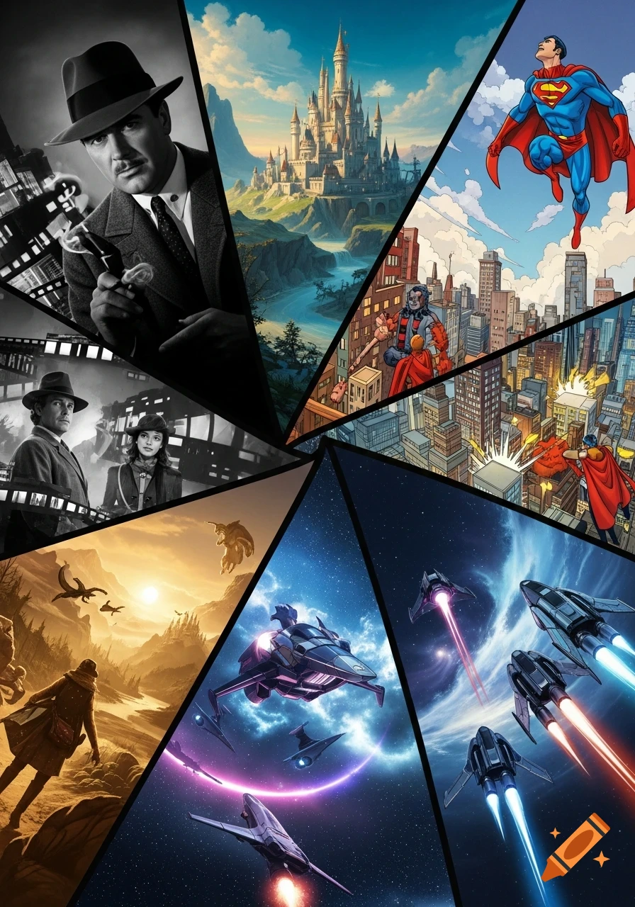 A dynamic collage showcasing various media genres including film noir, a fantasy castle, Superman in a cityscape, an adventure landscape, and spaceships in space.