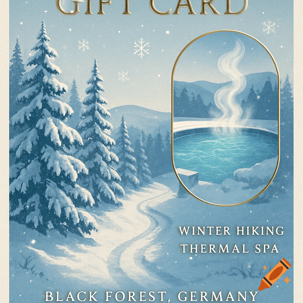 Illustrated winter gift card: snow-covered trees, path, steaming hot tub, with 'WINTER HIKING THERMAL SPA BLACK FOREST, GERMANY' text.