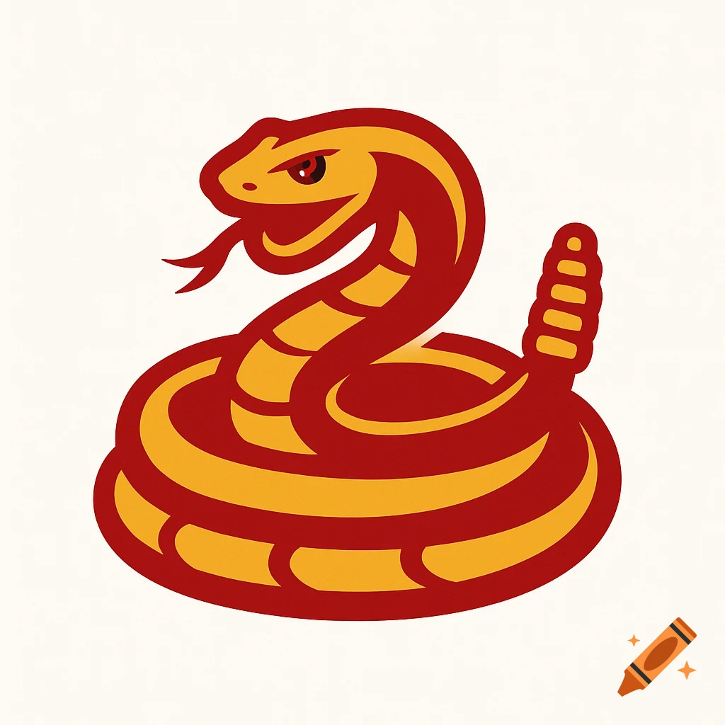 A simplistic red and gold rattlesnake logo, coiled with its tongue out.