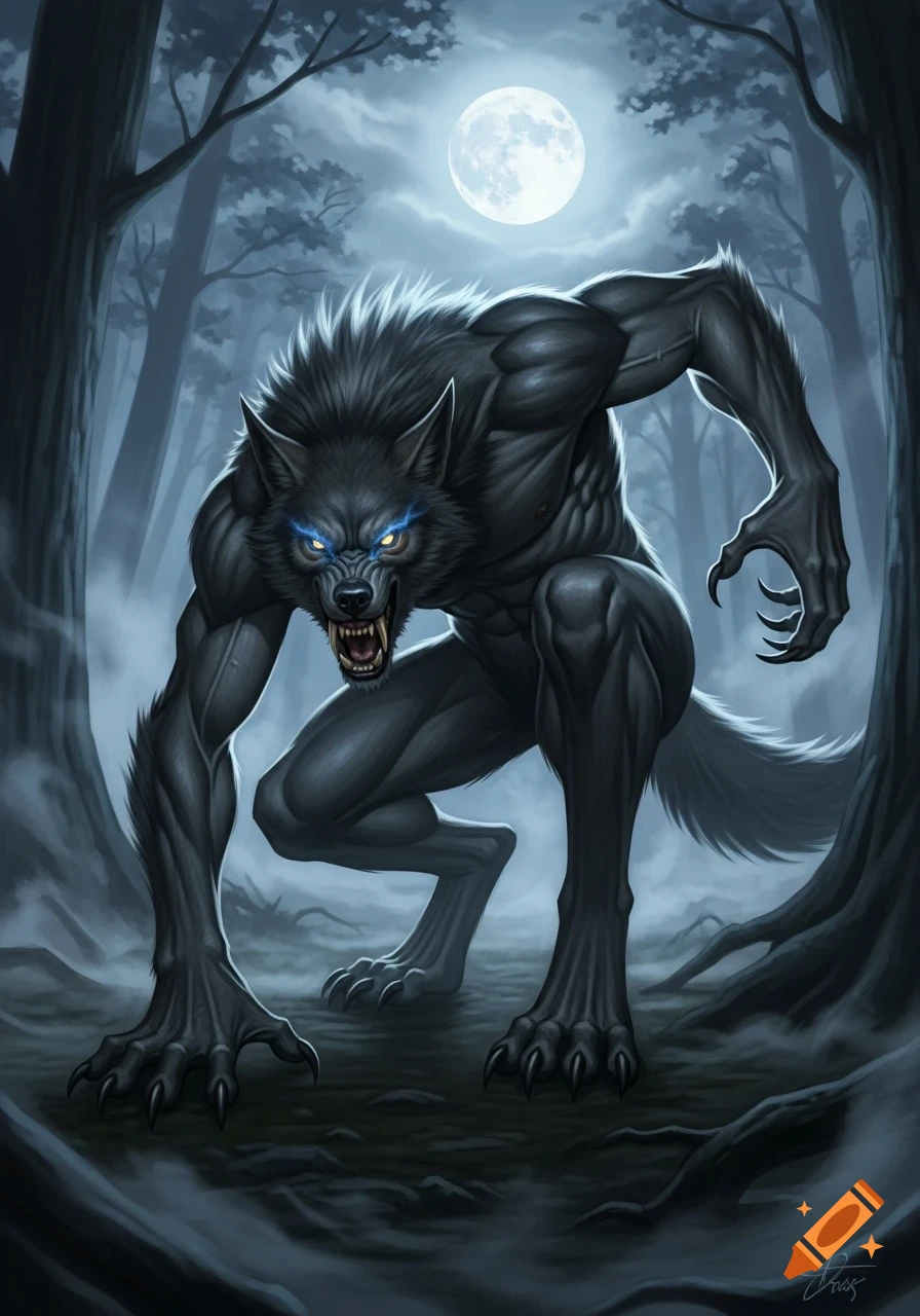A muscular dark grey werewolf with glowing blue eyes crouches in a misty forest under a full moon, digital illustration.