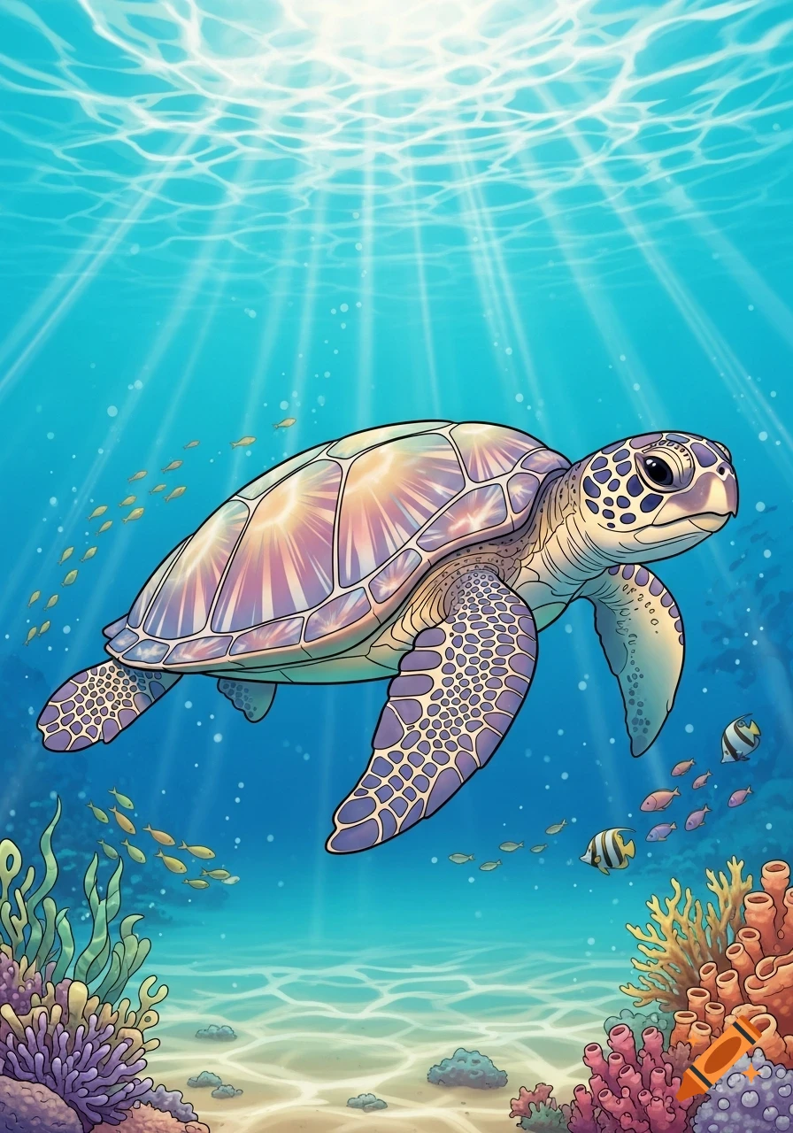 Colorful cartoon illustration of a sea turtle swimming in a vibrant ocean with fish and coral.