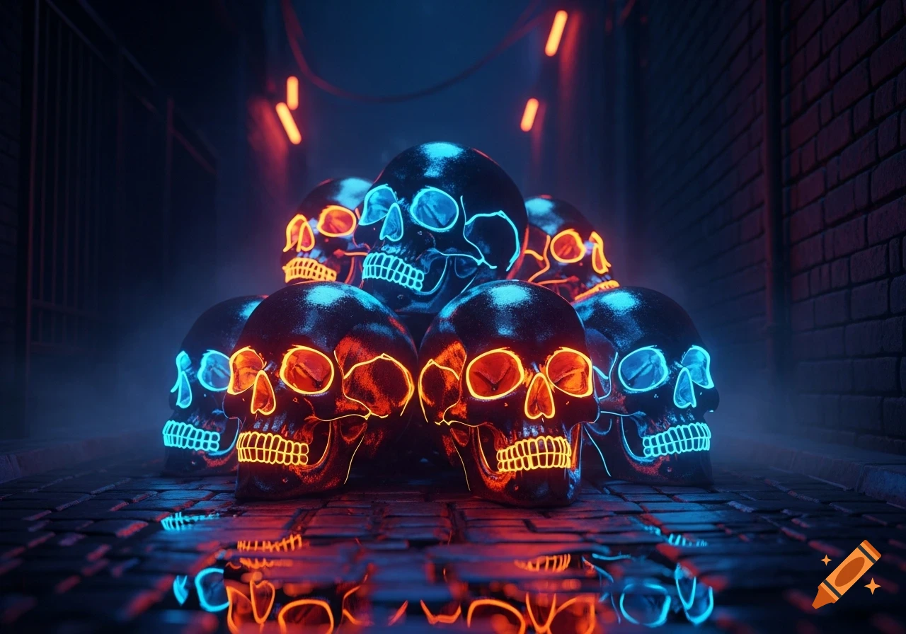 A pile of dark skulls glowing with neon blue and orange light, reflected on a wet, tiled ground in a dark alley.