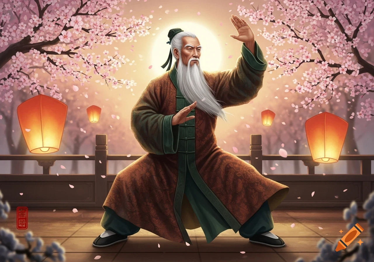 An illustration of an old Chinese man with a white beard in a Tai Chi stance, surrounded by pink cherry blossoms and glowing red lanterns at sunset.