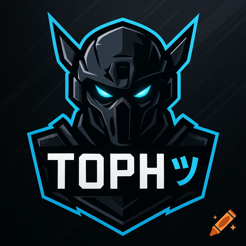 Dark, futuristic gaming logo of a masked character with glowing blue eyes and text 'TOPHツ' in a bold, angular font.