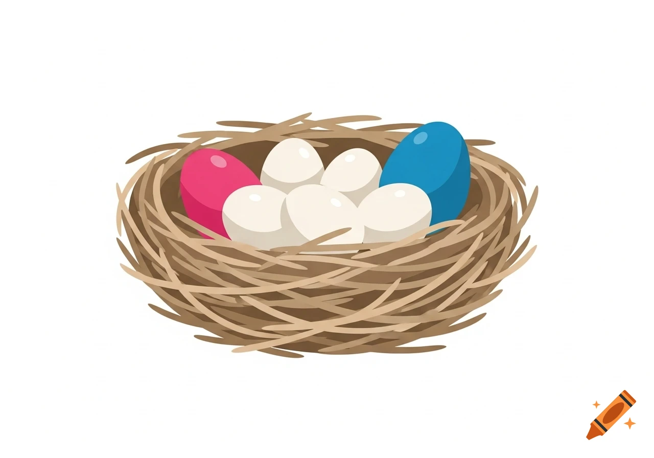 A bird's nest contains five white eggs, one pink egg, and one larger blue egg on a white background.