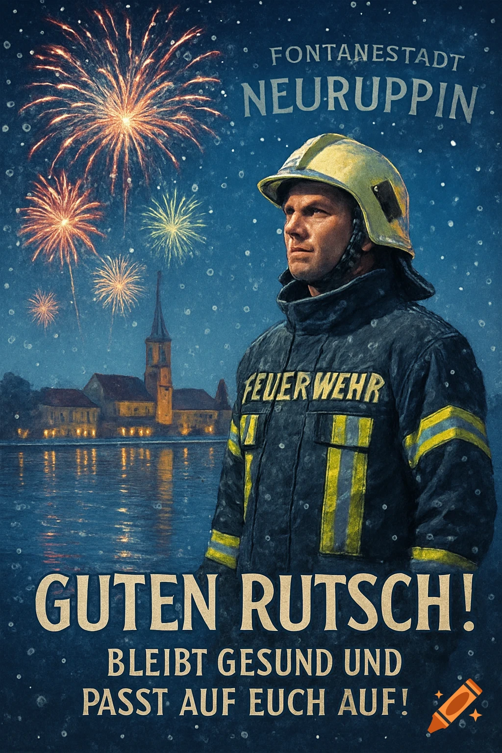 A stylized poster shows a firefighter in uniform looking up at a night sky filled with fireworks over a city with a lake. Text reads "Fontanestadt Neuruppin," "FEUERWEHR," and "GUTEN RUTSCH! BLEIBT GESUND UND PASST AUF EUCH AUF!"