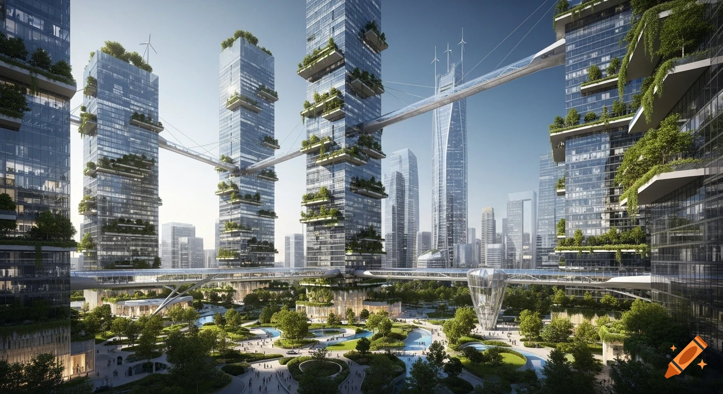 A photorealistic view of a futuristic eco-city with glass skyscrapers, green balconies, skywalks, and lush ground-level parks with waterways.