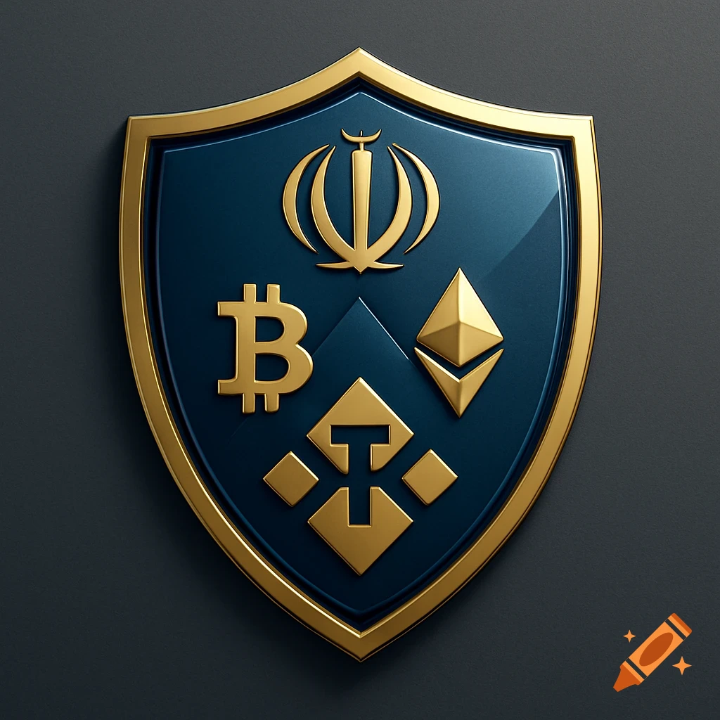 A gold-rimmed blue shield displaying gold symbols: the Iranian emblem, Bitcoin, Ethereum, and a Binance-like logo.