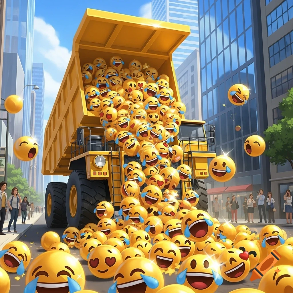 A yellow dump truck unloads a massive pile of laughing and heart-eye emojis onto a city street with buildings and people.