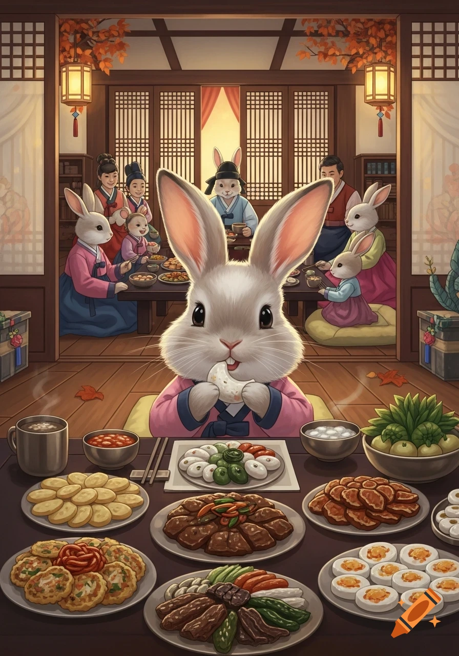 A cute anthropomorphic rabbit in traditional pink attire eats food from a feast, with its family of rabbits in the background.