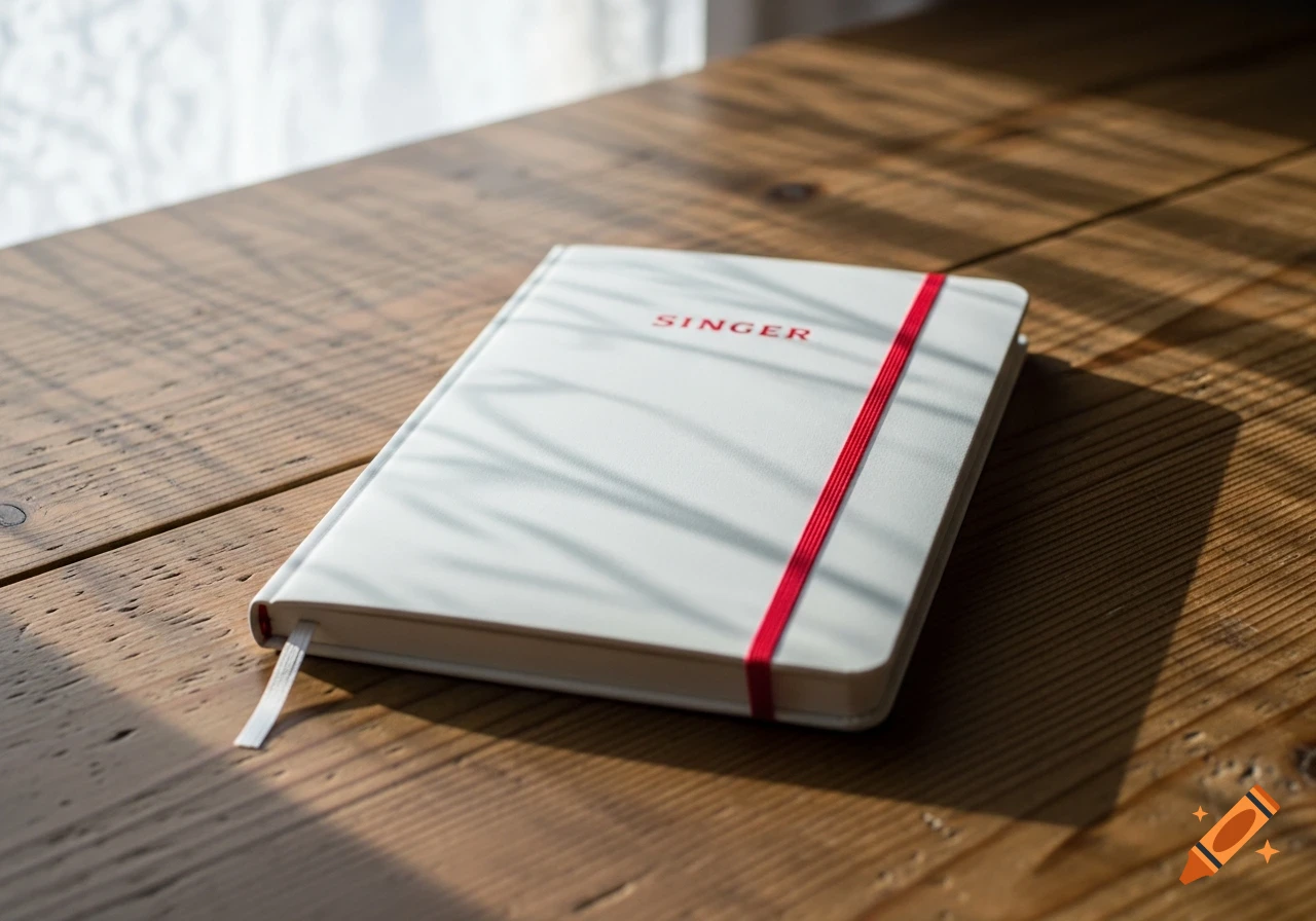 A white notebook with a red elastic band and "SINGER" text sits on a sunlit wooden table, casting leaf shadows.
