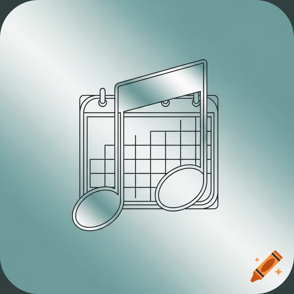 A minimalist app icon featuring a metallic music note overlaid on a calendar, with a gradient background.