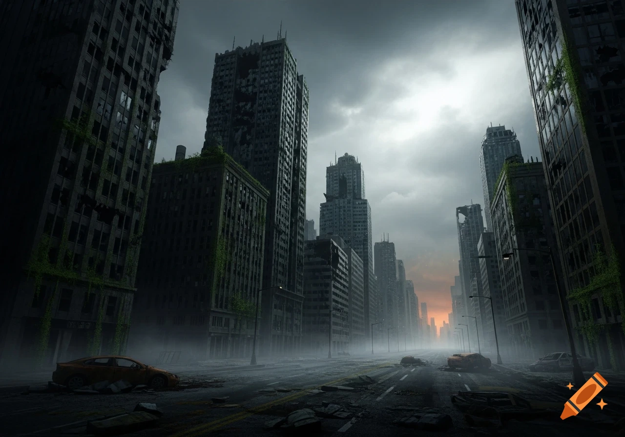 A dark, atmospheric image of a ruined post-apocalyptic cityscape with crumbling skyscrapers and abandoned cars on a foggy, debris-strewn street.